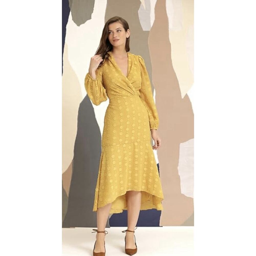 Maggy London Mustard Yellow Midi Dress Long Sleeve V-Neck Textured Sz 8